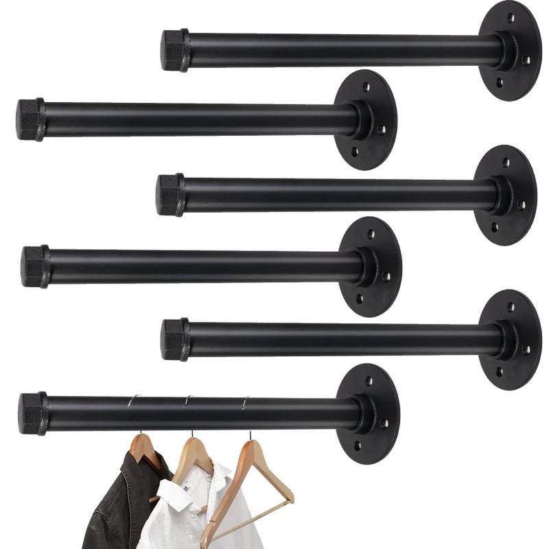 Pintuson 6 Pcs Industrial Pipe Clothes Bar 10 Inch - Wall Mount Clothing Rack - Face Out Closet Rods for Hanging Clothes Commercial Retail Boutique Laundry Shirt Display - Black - Image 1