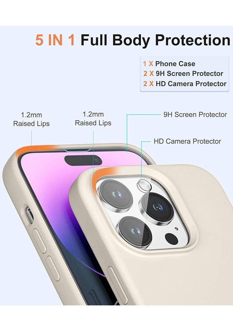 Generic - [5 in 1 Compatible with iPhone 14 Pro Max Case, with 2 Pack Screen Protector + 2 Pack Camera Lens Protector, Silicone Shock-Proof Phone Case [Anti-Scratch Microfiber Lining], White Stone - Image 1