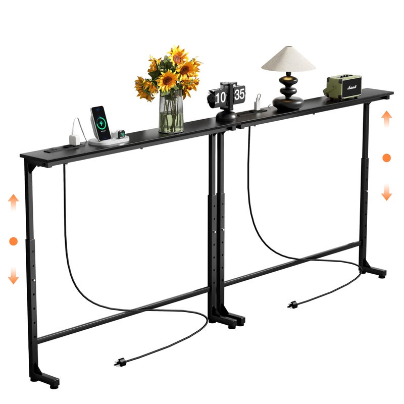 GRLEAF 2 Pack Adjustable Height Narrow Console Table with Power Outlets, 78.7" Long Sofa Table with Charging Station Behind Couch Table Skinny Entryway Table for Living Room and Hallway â€“ Black - Image 1