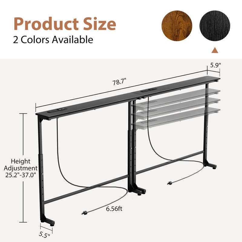 GRLEAF 2 Pack Adjustable Height Narrow Console Table with Power Outlets, 78.7" Long Sofa Table with Charging Station Behind Couch Table Skinny Entryway Table for Living Room and Hallway â€“ Black - Image 3