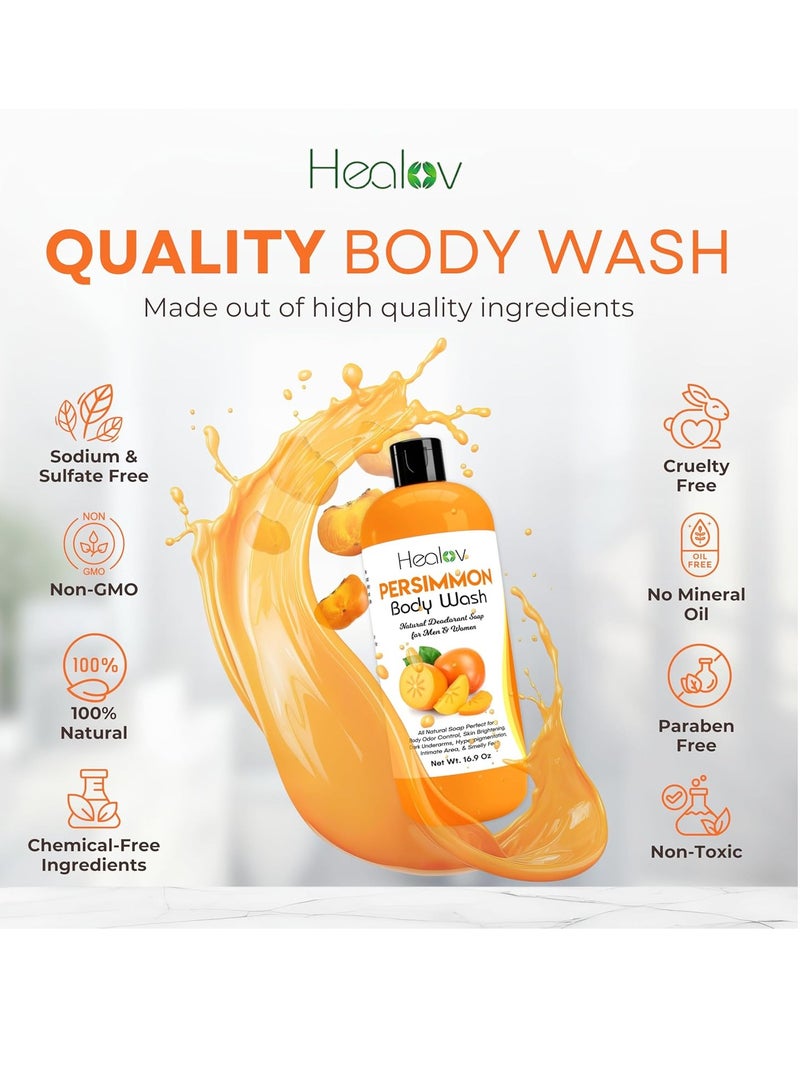 Healov Persimmon Body Wash for Body Odor Control – purifying Deodorizing Soap for Eliminating Body Odor – Underarms, Intimate Inner Thigh, Bikini Area, Smelly Feet – Natural Deodorant Soap, Kids Safe  - Image 2