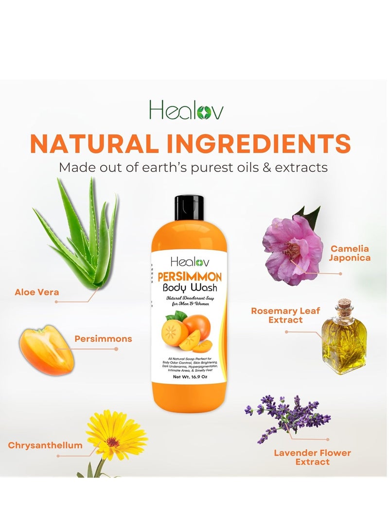 Healov Persimmon Body Wash for Body Odor Control – purifying Deodorizing Soap for Eliminating Body Odor – Underarms, Intimate Inner Thigh, Bikini Area, Smelly Feet – Natural Deodorant Soap, Kids Safe  - Image 3