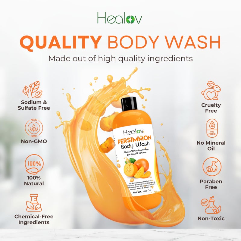 Healov Persimmon Body Wash for Body Odor Control â€“ Purifying Deodorizing Soap for Eliminating Odor â€“ Underarms, Intimate Inner Thigh, Bikini Area, Smelly Feet â€“ Natural Deodorant Soap, Kids Safe - Image 4