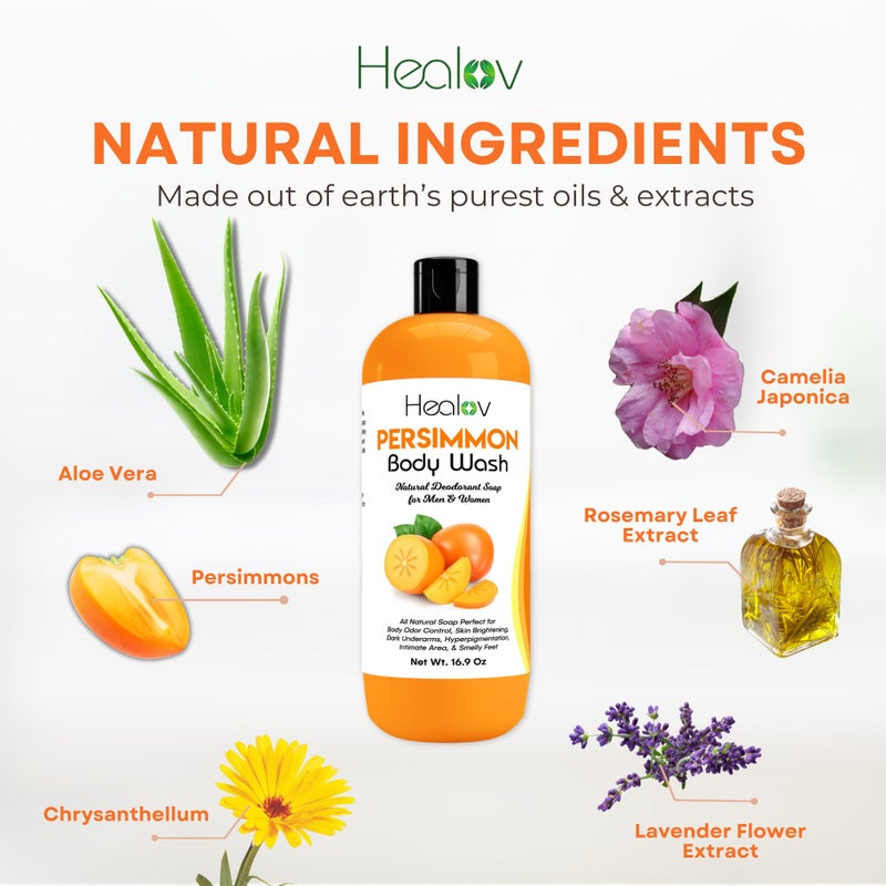 Healov Persimmon Body Wash for Body Odor Control â€“ Purifying Deodorizing Soap for Eliminating Odor â€“ Underarms, Intimate Inner Thigh, Bikini Area, Smelly Feet â€“ Natural Deodorant Soap, Kids Safe - Image 5
