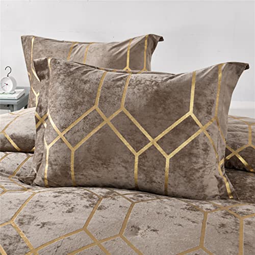Sunshine Nicole Metallic Print Comforter Set, Distressed Velvet Face with Metallic Print and Brushed Solid Microfiber Reverse, with Light Weight Soft Poly Fill, 3 Pieces Khaki Gold, King - Image 4