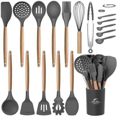 MIBOTE 17 Pcs Silicone Cooking Kitchen Utensils Set with Holder, Wooden Handles Silicone Turner Tongs Spatula Spoon Kitchen Gadgets Utensil Set for Nonstick Cookware (Grey) - Image 1