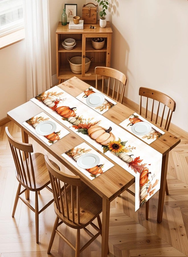 ANNA QUEEN Fall Pumpkin and Sunflower Table Runner and Placemats Set of 4, 13"x72" Table Runner with 12"x18" Placemats, Autumn Dining Table Decor for 4 People, Kitchen and Home Decor - Image 1