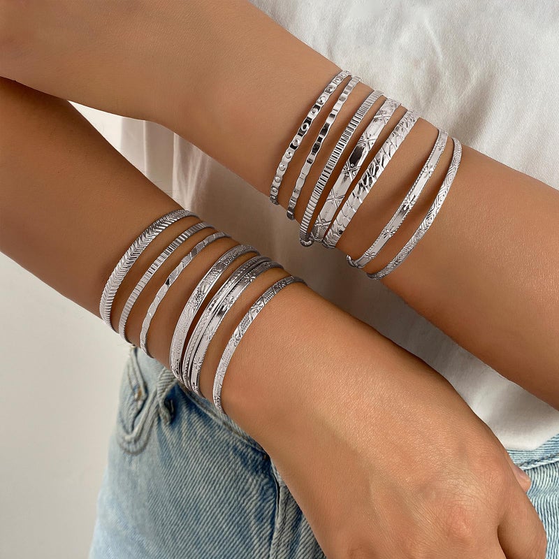 IFKM Silver Bangles Bracelets For Women, Silver Multi Layer Stackable Open Bracelet Set, Elegance Trendy Charms Non Tarnish Minimalist Textured Boho Jewelry Gift for Women - Image 3