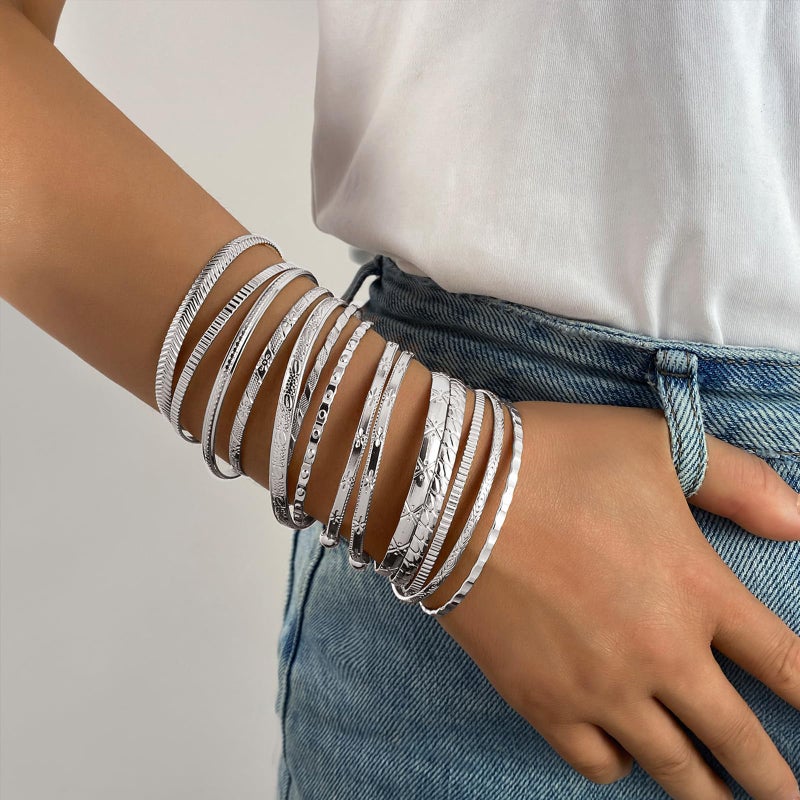 IFKM Silver Bangles Bracelets For Women, Silver Multi Layer Stackable Open Bracelet Set, Elegance Trendy Charms Non Tarnish Minimalist Textured Boho Jewelry Gift for Women - Image 2