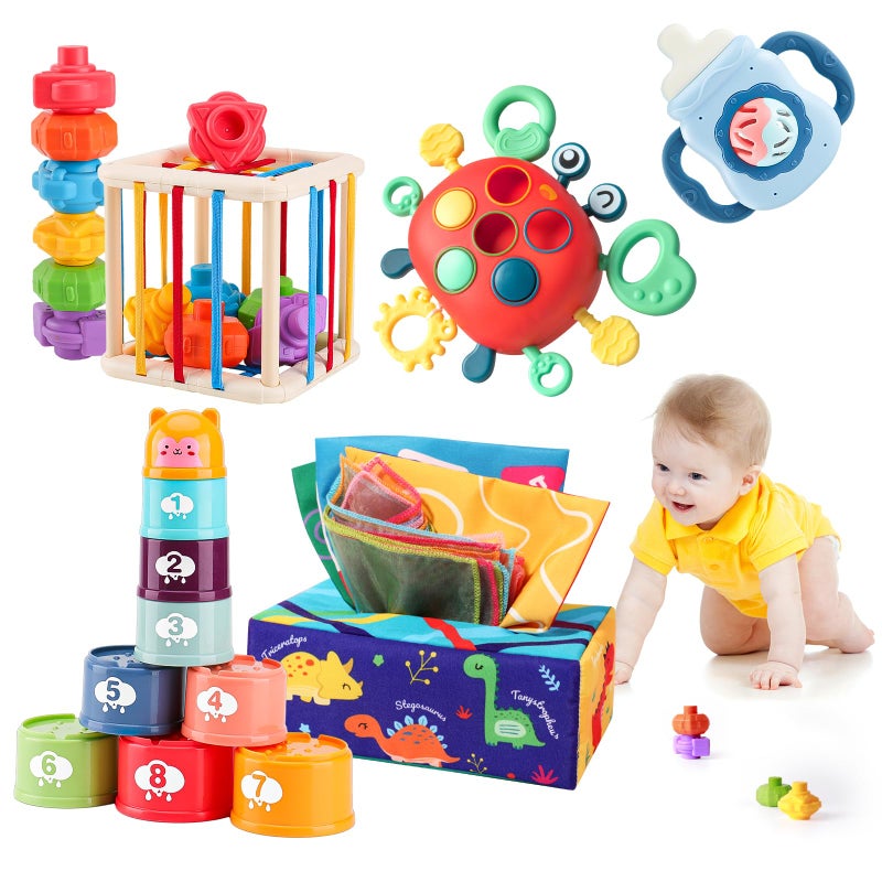 YOOYID 5 in 1 Baby Toys 6 to 12 to 18 Months Montessori Toy for Babies 612 Months Gifts for 1 Year Old Sensory Toys for Babies Baby Tissue Box Stacking Cups Shape Sorter Cube - Image 2