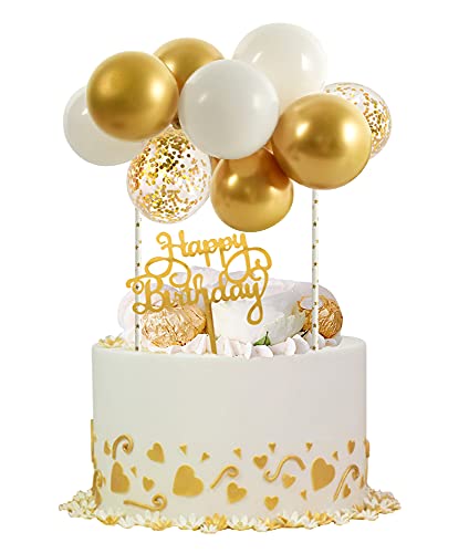 BEISHIDA Happy Birthday Cupcake Toppers White Gold Mini Balloon Cloud Birthday Cake Decorations for Wedding Anniversary Baby Shower Decorations - Image 1