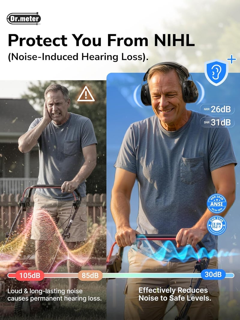 Dr.Meter Hearing Protection Ear Muffs, 26dBNRR Noise Reduction Earmuffs for Adults Kids Autism Sensory Noise Cancelling, Ear Protection for Yard Work, Mowing, Fireworks, Woodwork - Image 2