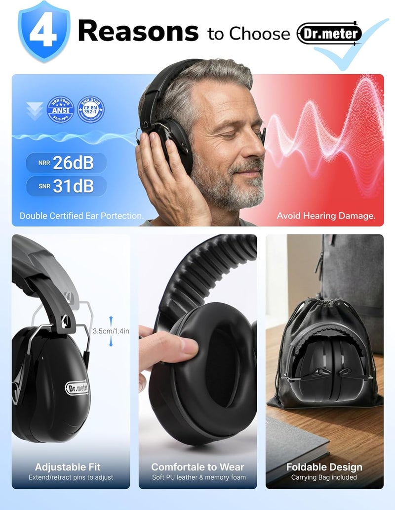 Dr.Meter Hearing Protection Ear Muffs, 26dBNRR Noise Reduction Earmuffs for Adults Kids Autism Sensory Noise Cancelling, Ear Protection for Yard Work, Mowing, Fireworks, Woodwork - Image 5