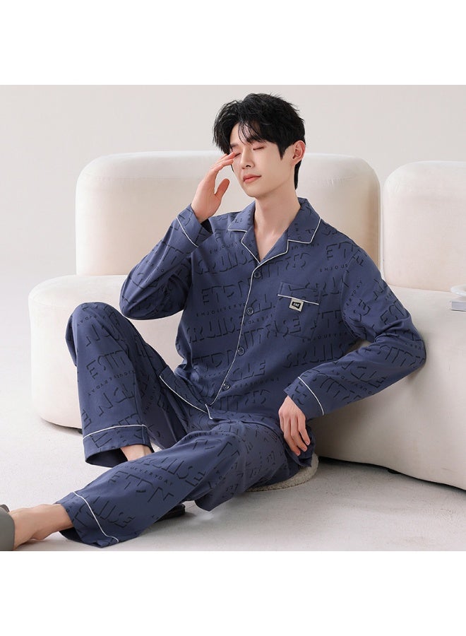 Men's 100% Cotton Autumn Cardigan Pajama Set Long Sleeve Suitable For Outdoor Wear Home Clothes - Image 1