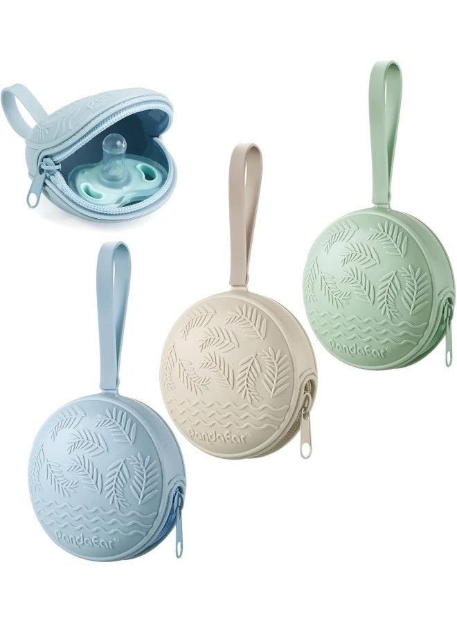 PandaEar 3 Pack Silicone Pacifier Holder Case, Portable Travel Pacifier Pouch for Newborns, BPA-Free Silicone Pacifier Storage Container for Boys & Girls (Green, Blue, Cream) - Image 1