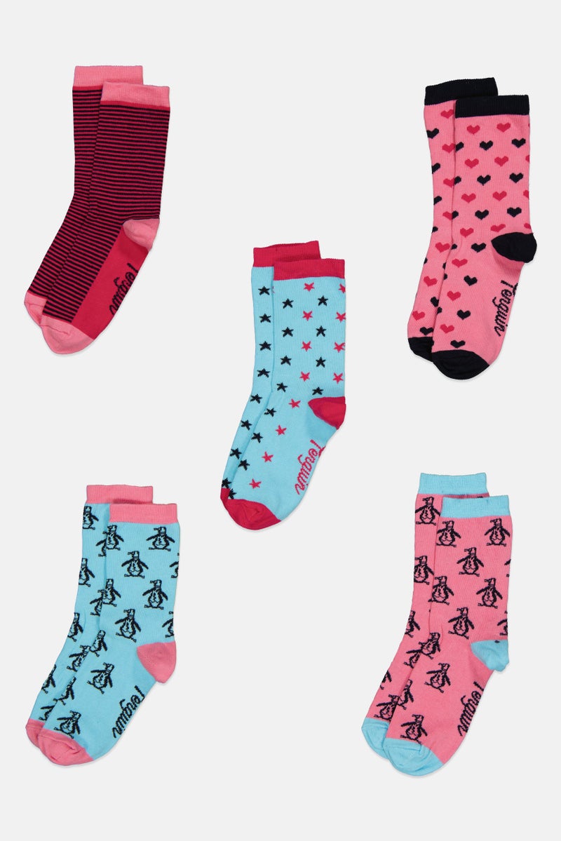 Original Penguin جوارب بنات للأطفال 5 أزواج بطبعات رسومية، متعددة الألوان - Image 3