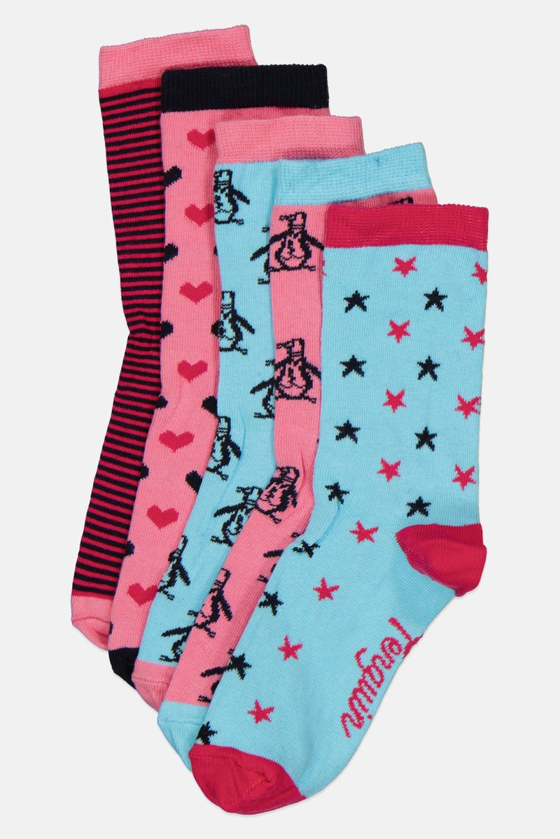 Original Penguin جوارب بنات للأطفال 5 أزواج بطبعات رسومية، متعددة الألوان - Image 1