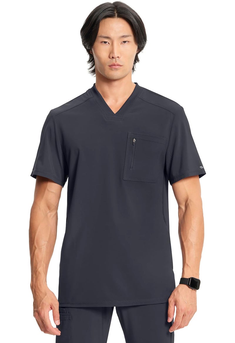 Cherokee Infinity Mens Tuckable V-Neck Scrub Top Modern Fit, 2 Pockets, Zip Chest Pocket, Rib-Knit, 360Â° Stretch - CK910A, M, Pewter