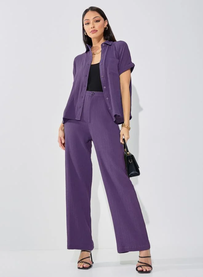 Styli Styli High Rise Wide Leg Textured Trousers