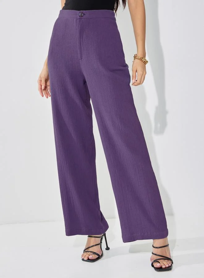 Styli Styli High Rise Wide Leg Textured Trousers
