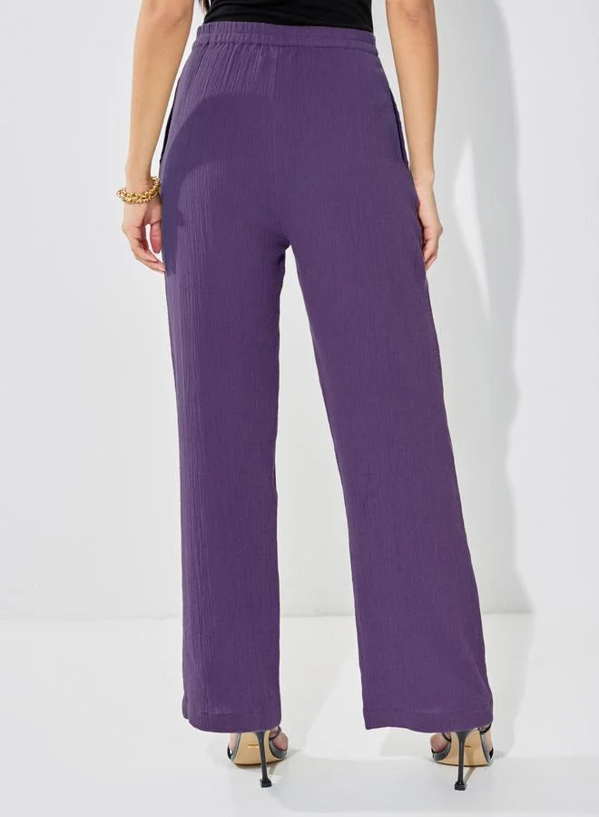 Styli Styli High Rise Wide Leg Textured Trousers