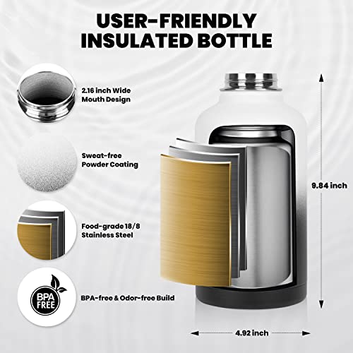 RAYMYLO Insulated Water Bottle 64 oz, Triple Wall Vacuum Stainless Steel (Cold for 48 Hrs), Leak Proof & Non-BPA, Half Gallon Water Flask Jug with Paracord Handle & Straw Spout Lids, White/Black - Image 5