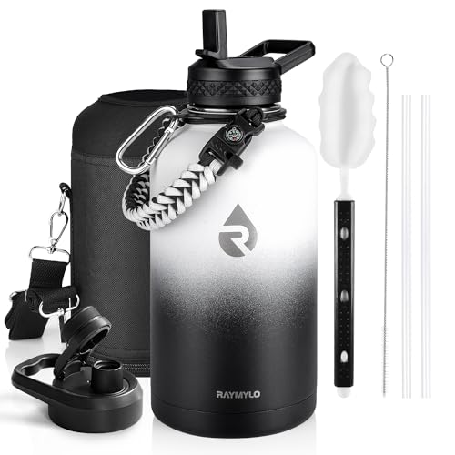 RAYMYLO Insulated Water Bottle 64 oz, Triple Wall Vacuum Stainless Steel (Cold for 48 Hrs), Leak Proof & Non-BPA, Half Gallon Water Flask Jug with Paracord Handle & Straw Spout Lids, White/Black - Image 1