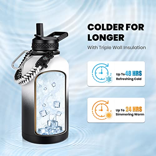 RAYMYLO Insulated Water Bottle 64 oz, Triple Wall Vacuum Stainless Steel (Cold for 48 Hrs), Leak Proof & Non-BPA, Half Gallon Water Flask Jug with Paracord Handle & Straw Spout Lids, White/Black - Image 2