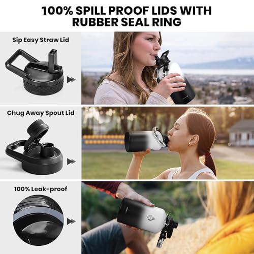 RAYMYLO Insulated Water Bottle 64 oz, Triple Wall Vacuum Stainless Steel (Cold for 48 Hrs), Leak Proof & Non-BPA, Half Gallon Water Flask Jug with Paracord Handle & Straw Spout Lids, White/Black - Image 3