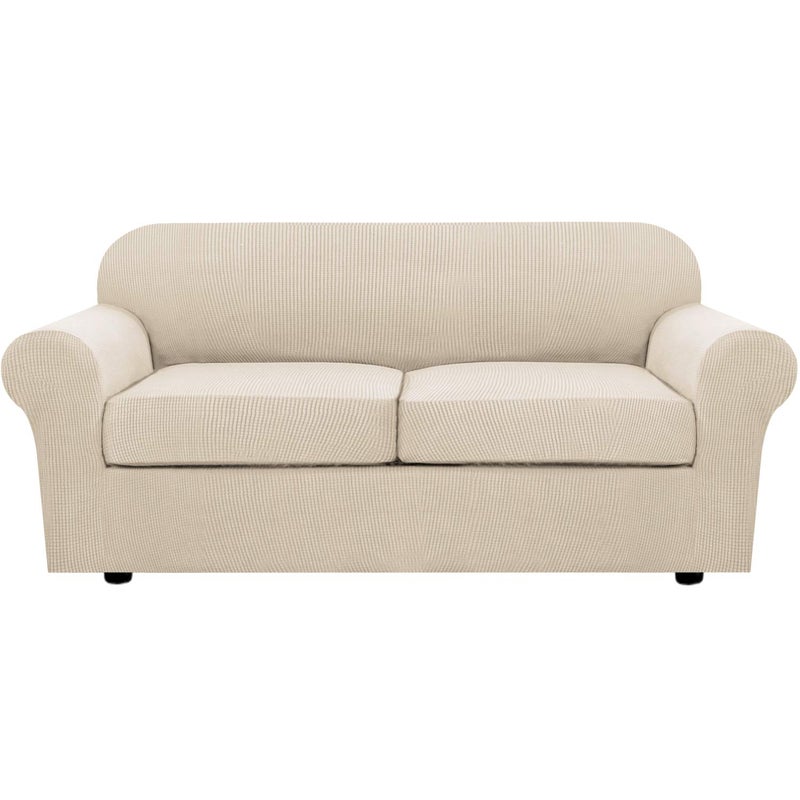 HVERSAILTEX 3 Piece Stretch Sofa Covers for 2 Cushion Sofa Couch Covers for Living Room Sofa Slipcovers Base Cover Plus 2 Seat Cushion Covers Thicker Jacquard FabricLarge Sofa Natural