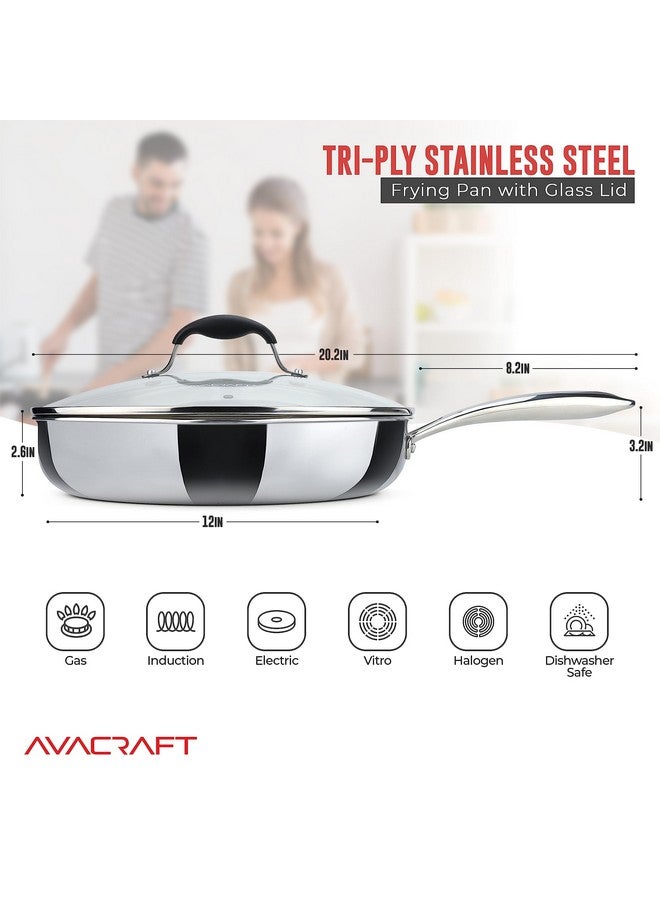 أفاكرافت مقلاة أفاكرافت 18/10 12 بوصة من الفولاذ المقاوم للصدأ مع غطاء، فوهات جانبية، مقلاة حثية، مقلاة متعددة الاستخدامات من الفولاذ المقاوم للصدأ، مقلاة في أوانينا ومقالينا (فولاذ مقاوم للصدأ ثلاثي الطبقات، 12 بوصة) - Image 2