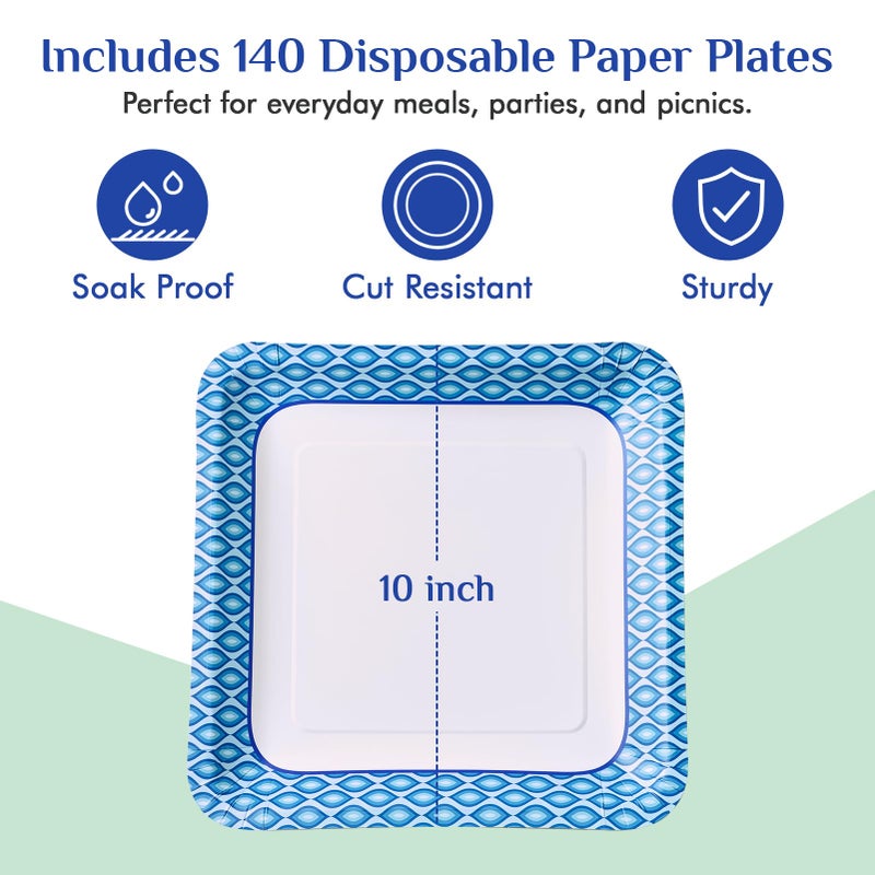 MUCHII 10 Inch Square Paper Plates, 140 Count Heavy Duty Bulk Disposable Paper Plates for Daily Use, Family Gatherings, Parties, Picnic - Image 3