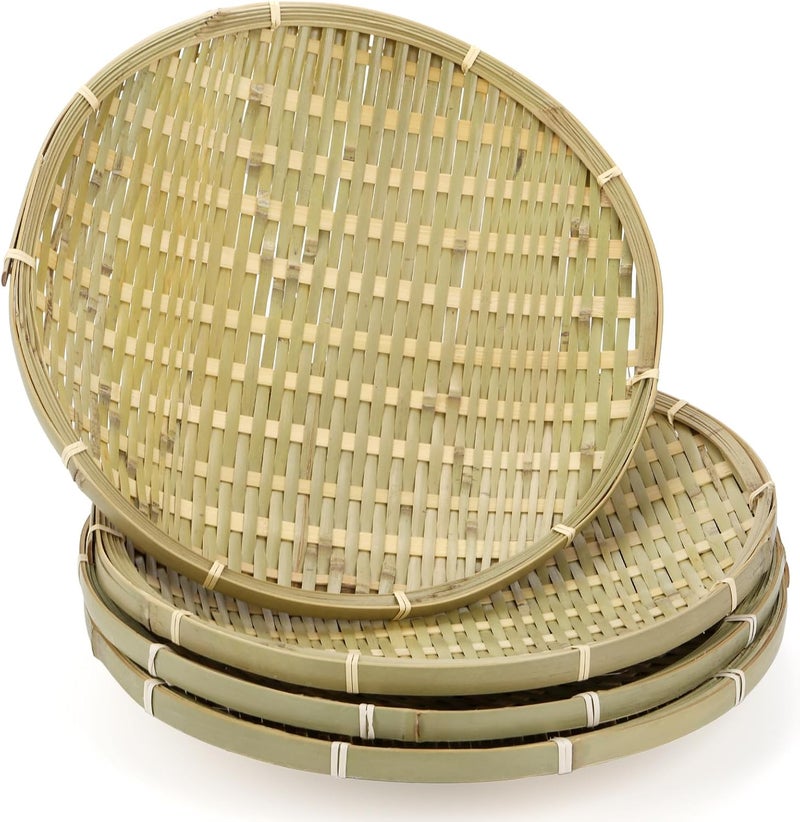 ZENFUN Occasional & permanent usable 4 Packs Bamboo Basket Tray, 12 In Round Hand Weave Bread Baskets for Serving, Woven Fruit Basket, Rattan Serving Basket for Garden, Daily Dinning, Kitchen Organization, Stackable Full land route delivery - Image 1