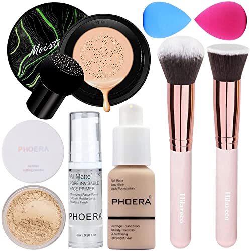 Hilareco PHOERA Air Cushion CC Cream Natural Foundation Primer Powder Foundation Brush 2 Makeup Sponge 102Nude  02Natural CC