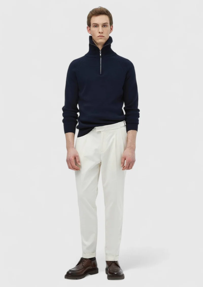 RAMSEY Ecru Weaving Carrot Fit Casual Cotton Blended Trousers