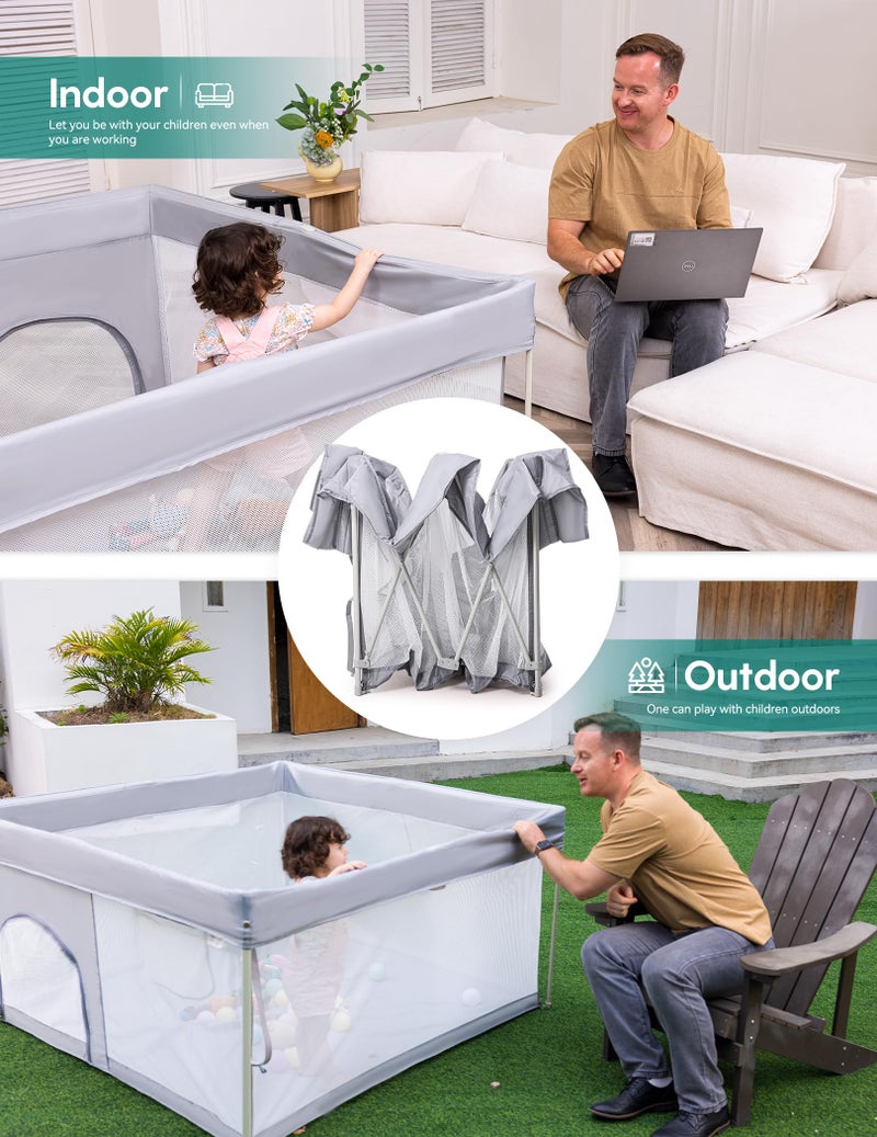 BABELIO Foldable Baby Playpen 46" Ã— 46", Portable Playard for Babies and Toddlers, Parents' Picks Awards Winner, No Assembly Required, Indoor & Outdoor Kids Safety Play Pen Area, Travel Fence, Grey - Image 3