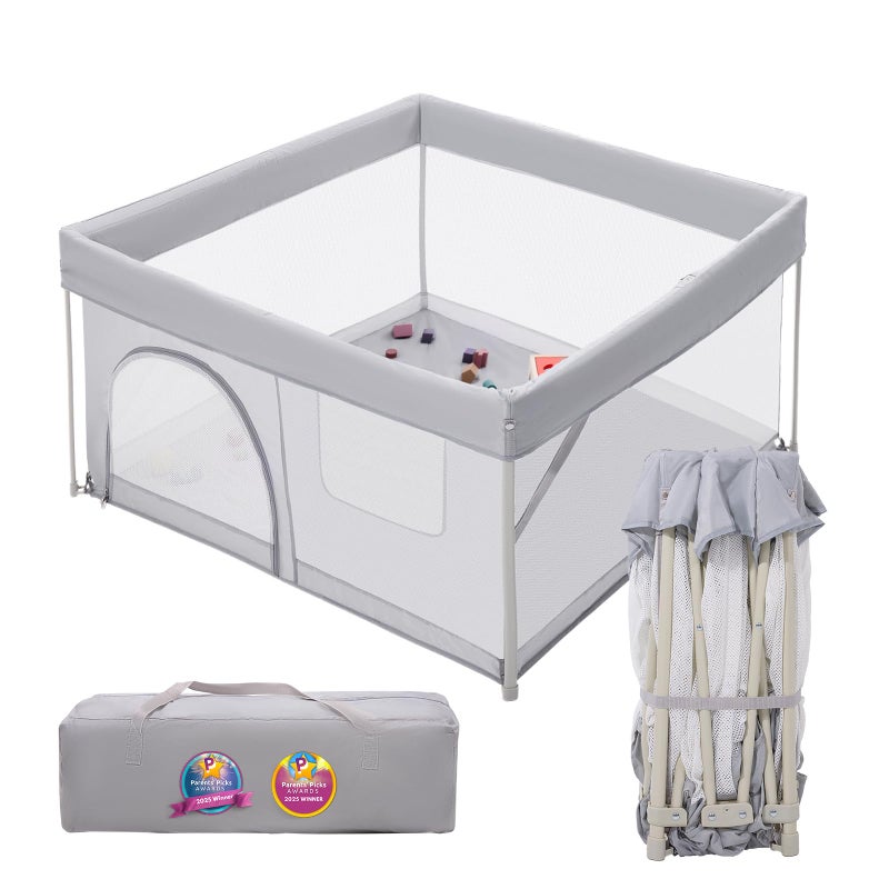 BABELIO Foldable Baby Playpen 46" Ã— 46", Portable Playard for Babies and Toddlers, Parents' Picks Awards Winner, No Assembly Required, Indoor & Outdoor Kids Safety Play Pen Area, Travel Fence, Grey - Image 1