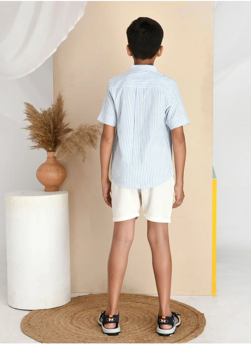 بيبي كلو Pure cotton skyblue stripe shirt with cotton short set for boys