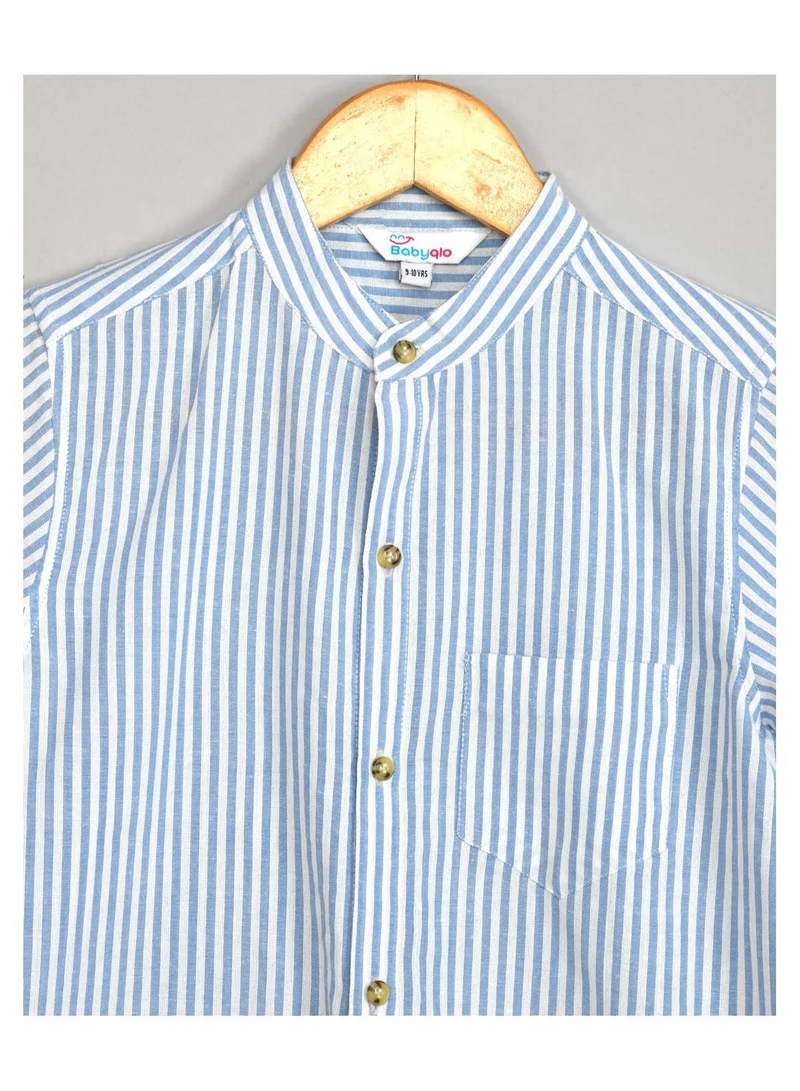 babyqlo Pure cotton skyblue stripe shirt with cotton short set for boys
