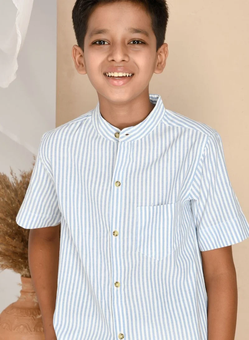 babyqlo Pure cotton skyblue stripe shirt with cotton short set for boys