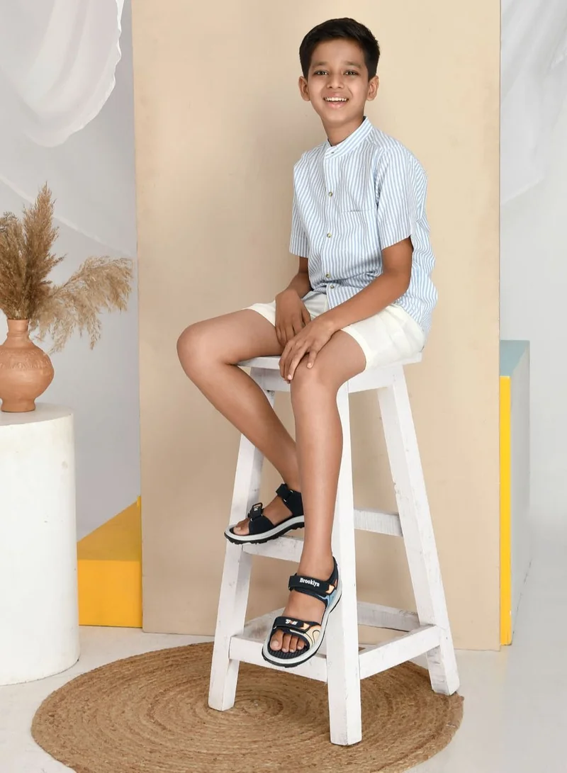 babyqlo Pure cotton skyblue stripe shirt with cotton short set for boys