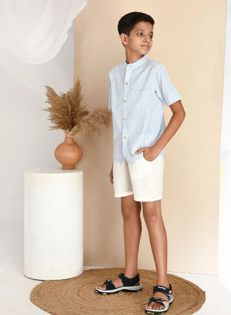 babyqlo Pure cotton skyblue stripe shirt with cotton short set for boys
