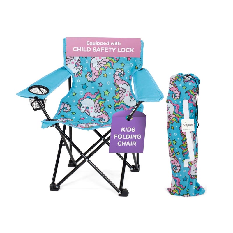 Emily Rose كرسي شاطئ قابل للطي للأطفال من إميلي روز مع قفل أمان مقعد للتخييم للأطفال الأولاد والبنات مع حامل أكواب وحقيبة حمل للسفر في الحديقة الداخلية والخارجية للبحر وحيد القرن
