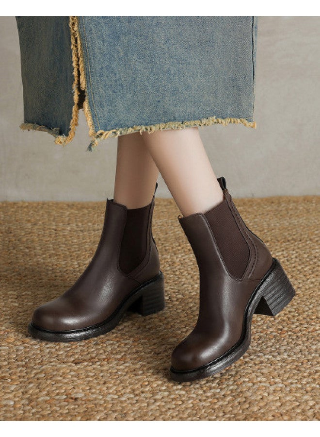 AME Casual Round Toe Chunky Heel Ankle Boots 2025 New Classic Versatile Elastic Slip-on Women's Boots With A Sleek Look - Image 1