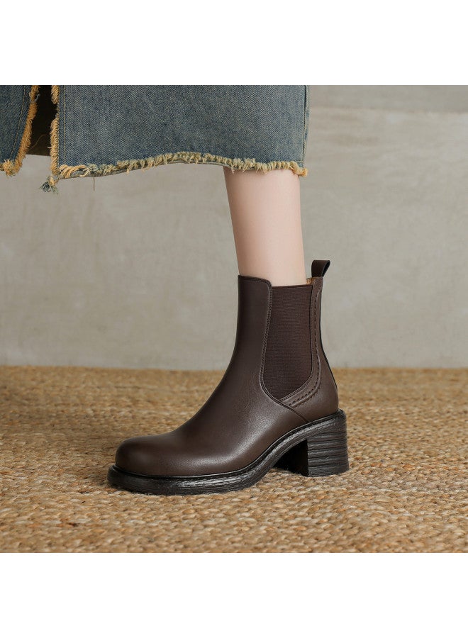 AME Casual Round Toe Chunky Heel Ankle Boots 2025 New Classic Versatile Elastic Slip-on Women's Boots With A Sleek Look - Image 5