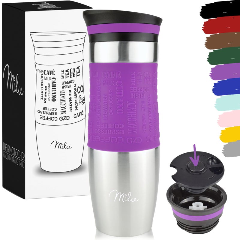 Milu Insulated Coffee Mug to Go  450ml 100 Leak Proof  Stainless Steel  Double Wall Insulation  Travel Mug  Purple