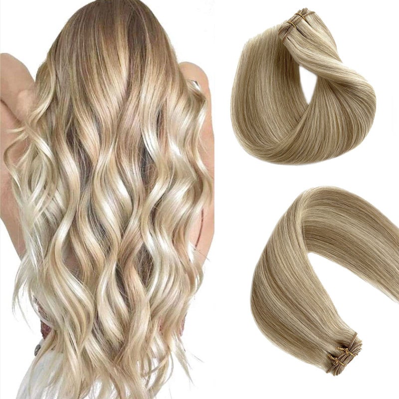 Remy Sew in Human Hair Extensions Brown to Blonde Highlights Weft Hair Extensions Balayage Colored 24 inch Hair Double Wefts Hair Bundles Sew in Hair Extensions Real Human Hair for White Women 120g