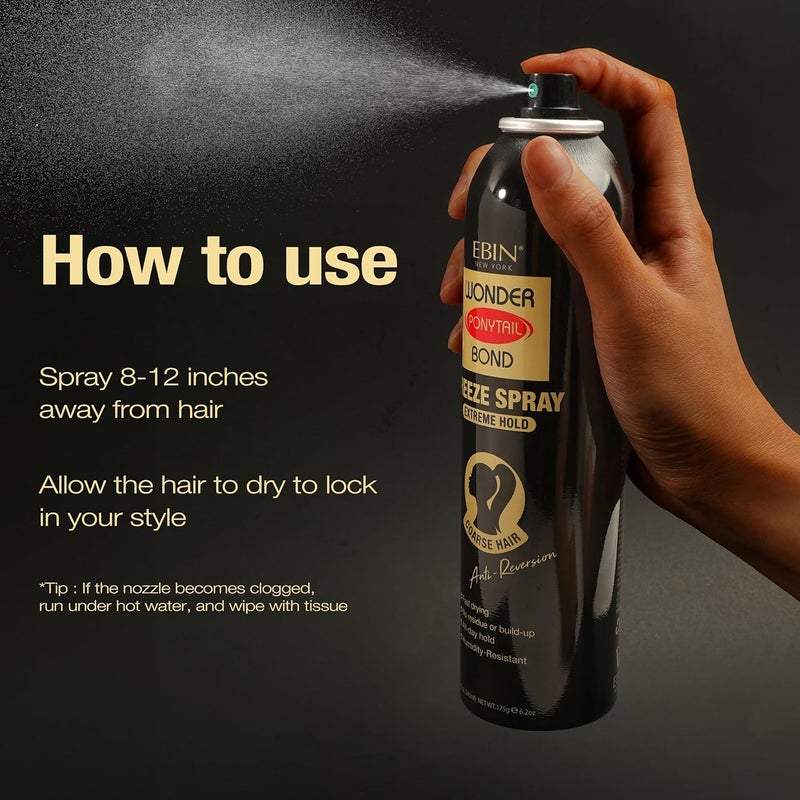 EBIN NEW YORK Wonder Ponytail Bond Freeze Spray Extreme Firm Hold - Coarse Hair 8oz/ 245ml | Long Lasting Hold, Frizz Control, Shine Enhancing, Fast-Drying, All-Day Hold, Natural Look - Image 5