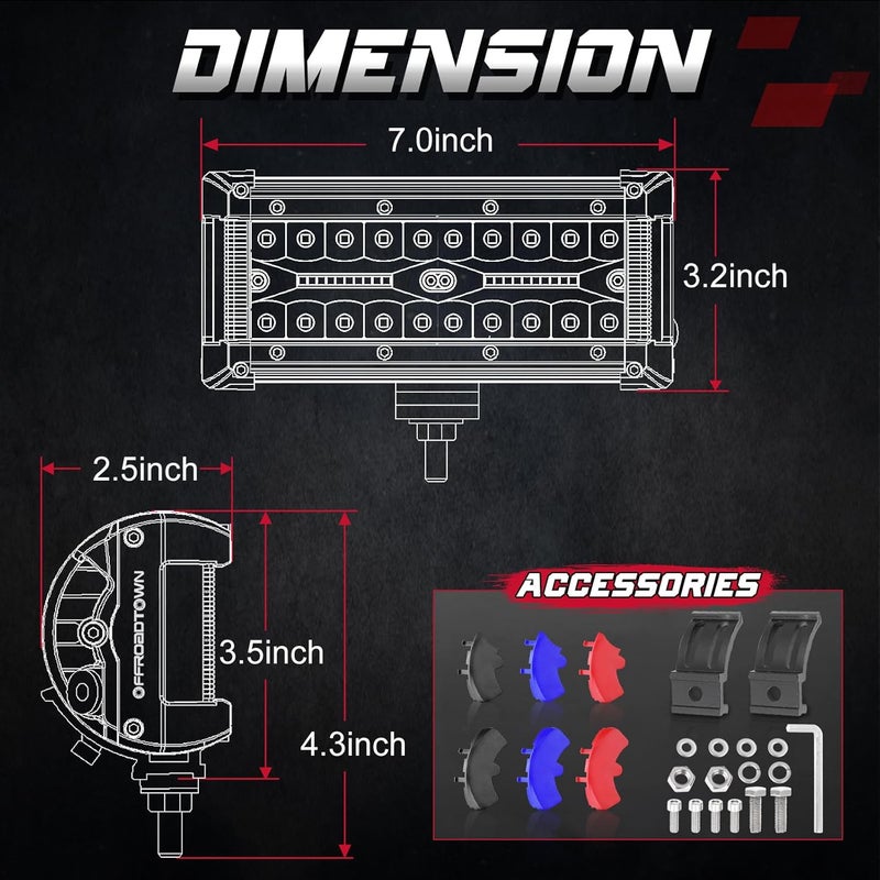 OFFROADTOWN 7in LED Light Bars Side Shooter LED Pods Off Road Fog Lights Driving Lights with Black Red Blue Side Cover for Truck ATV UTV Motorcycle Pickup Boat - Image 2