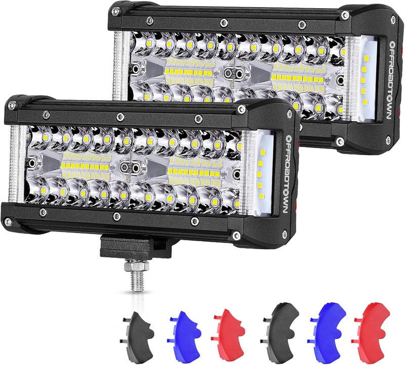 OFFROADTOWN 7in LED Light Bars Side Shooter LED Pods Off Road Fog Lights Driving Lights with Black Red Blue Side Cover for Truck ATV UTV Motorcycle Pickup Boat - Image 1